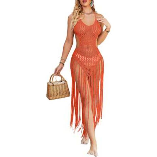 SHEIN Women Bikini Cover Ups Summer Crochet Cutout Bandage Backless Beach Dress With Tassels For Beach Bathing Suit