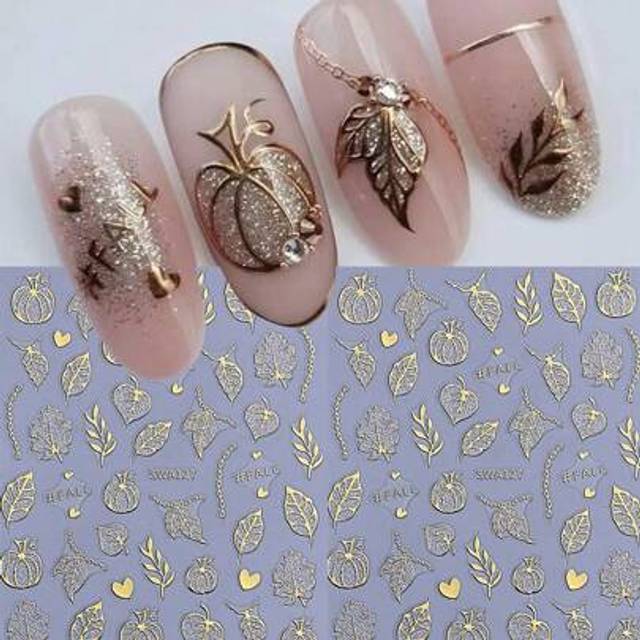 SHEIN 2PCS Sparkles Glitter Fall Pumpkin Nail Art Stickers Autumn Shiny Leaves Leaf Designs 3D Self Adhesive DIY Sliders Nail Decals Manicure Decor Nail Sup
