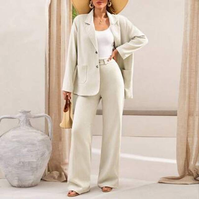 SHEIN Beige Striped Linen Co-Ord Set With Oversized Blazer And Slim-Fit Pants