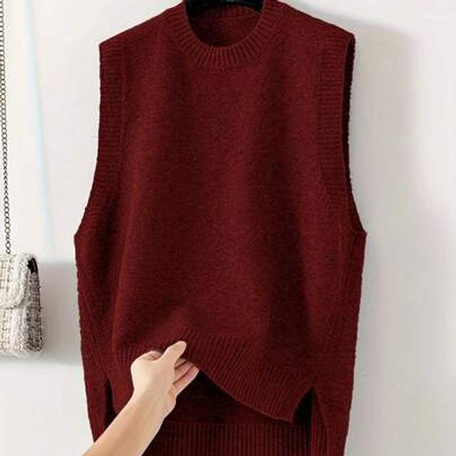 SHEIN Women&#39;s Textile Knit Vest - Sleeveless, Crew Neck, Side Vents, Casual Fashion Jacket - Solid Color, Suitable For All Seasons
