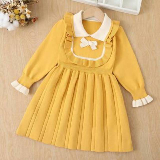 SHEIN Young Girl Casual Cute Daily Wear Contrasting Color Lapel Ruffle Sleeve Bow Decorated Pleated Hem Sweater Dress, Autumn Yellow Little Girl Dress Girls