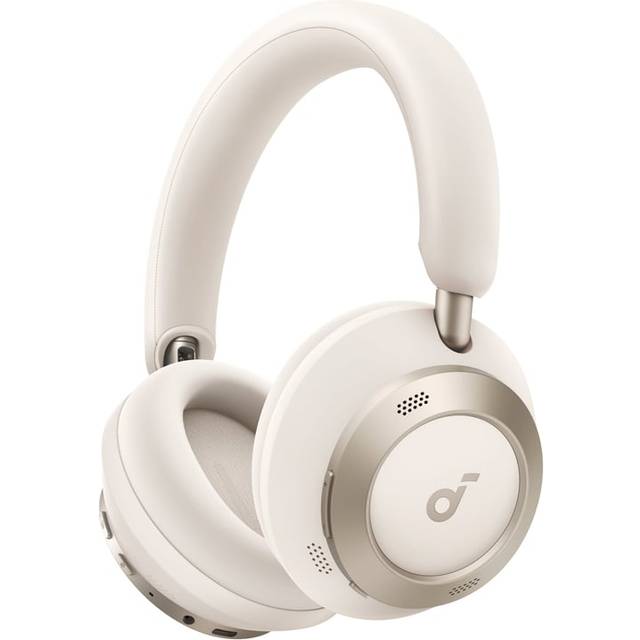 Soundcore Space One Pro - Hörlurar med mikrofon - fullstorlek - Bluetooth - trådlös, kabelansluten - aktiv brusradering - 3,5 mm kontakt - gräddvit