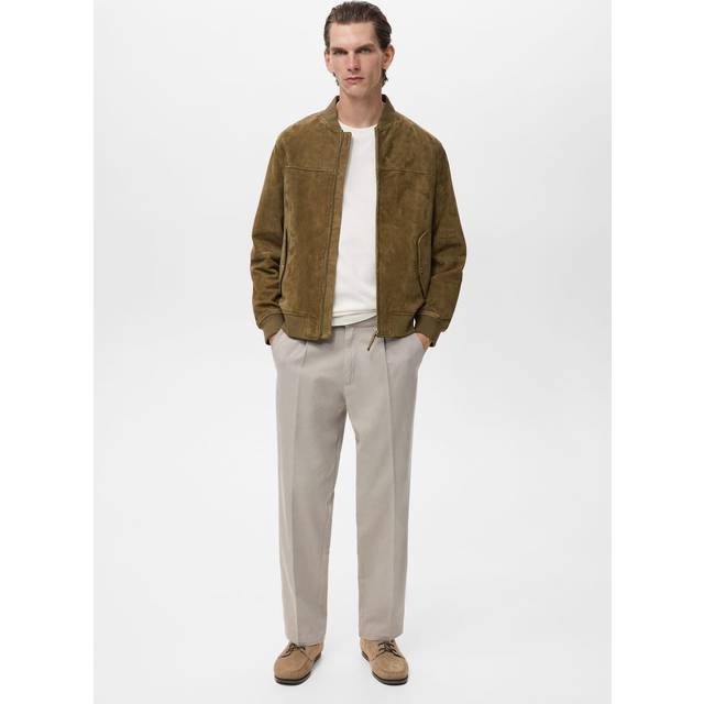 Suede leather bomber jacket khaki - Man - XXL - MANGO MAN - Khaki