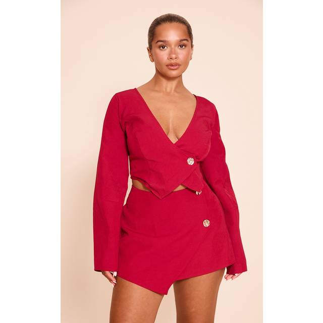 Shape red Asymmetrical Hammered Button Blazer, Red - 20