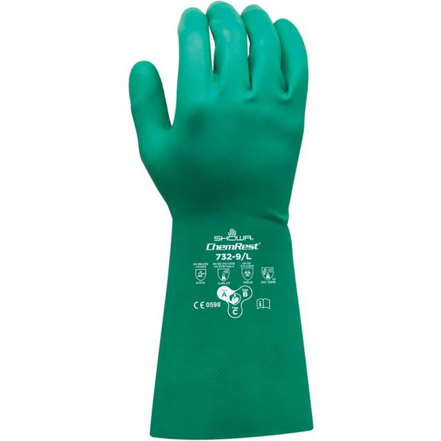 "SHOWA 732 Nitrile Chemical Resistant Safety Glove with Raised Diamond Palm and Cotton Lining  15 mil Thick  13"""""""" Length  Green  XX-Large (12 Pair"