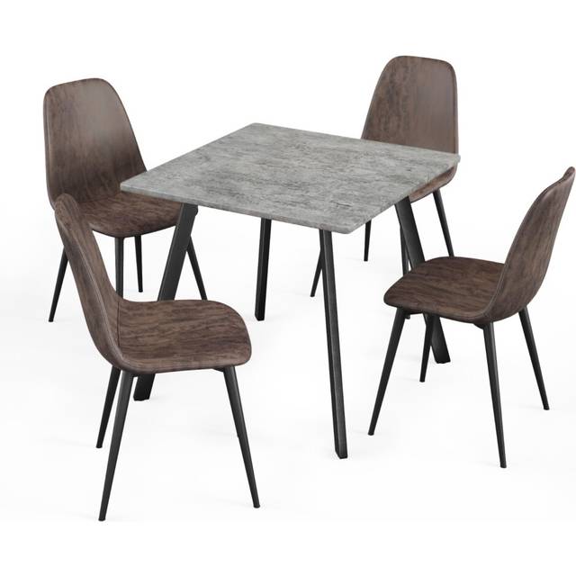Urbn-Living Urbnliving 75Cm Height Concrete Wooden Dining Table & 4 Faux Pu Leather Dark Brown Chairs Set Metal Legs Kitchen Furniture - One Size