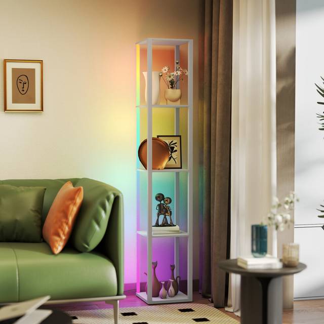 HOMCOM RGB LED Floor Lamp with Shelves and Remote Control for Bedroom - Grey | TJ Hughes