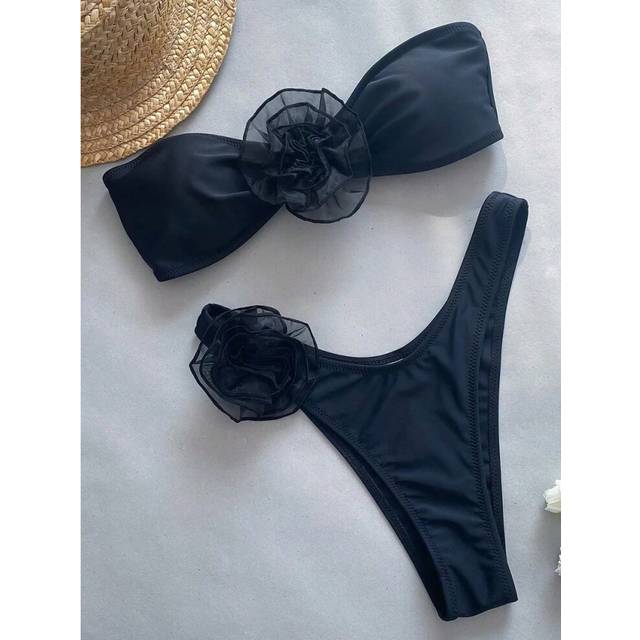 (B888Black2, L) 3D Flowers Brazilian Strapless Bandeau Bikini Female Swimsuit Women Swimwear Two-pieces Bikini Set High Cut Bathing Suit Swim