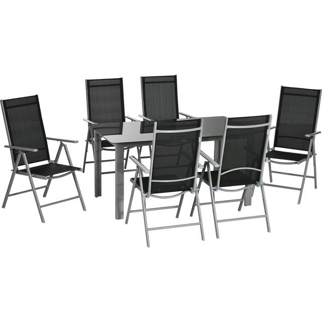 Outsunny 7pc Outdoor Table and 6 Chair Set - Aluminium/Black, Black