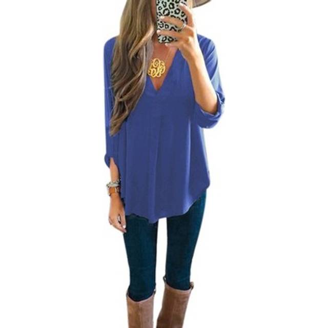 Women V Neck Loose Solid Long Sleeve Casual Blouse Tops Fashion Chiffon2980