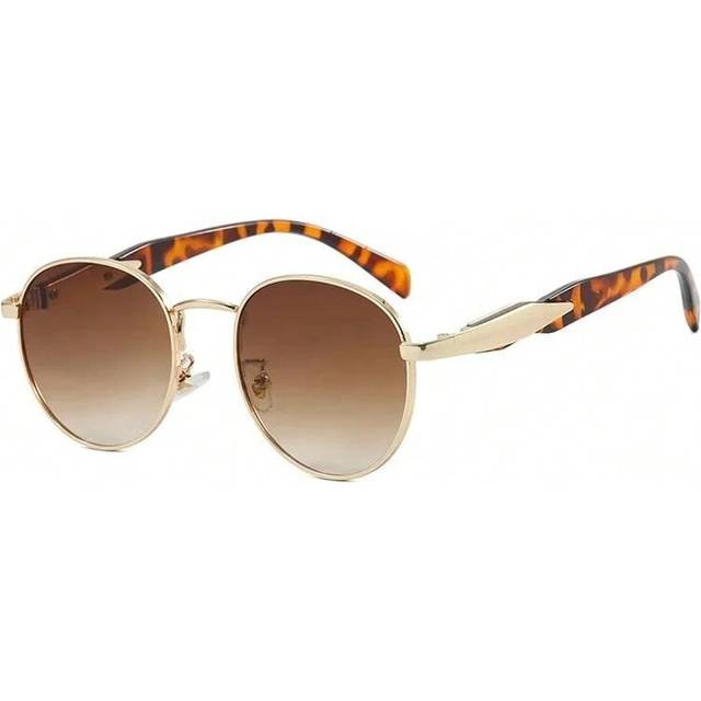 (gold leopard tea, with pouch and cloth) Vintage Round Metal Sunglasses Women New Fashion Retro Sun Glasses Female Brand Designer Ins Trendy Eyewear M