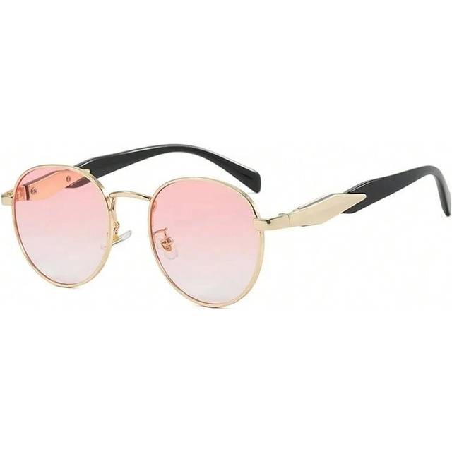 (gold gradient pink, with pouch and cloth) Vintage Round Metal Sunglasses Women New Fashion Retro Sun Glasses Female Brand Designer Ins Trendy Eyewear