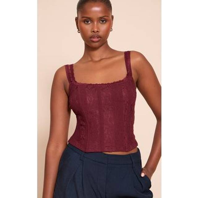 Wine Lace Detail Strappy Cropped Corset Top, Red - 4
