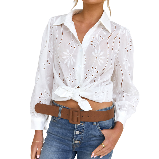 (XS, White) Womens Long Puff Sleeve Blouse V Neck Buttons Hollow Out Lace Embroidered Blouses Shirts S