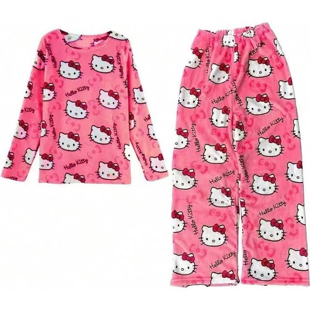 (2, M) Winter Hello Kitty Pajamas Set Flannel Pants Kawaii Cartoon Pajama Suit Warm Thickened Woman Pants Plush Homewear Cute Sleepwear