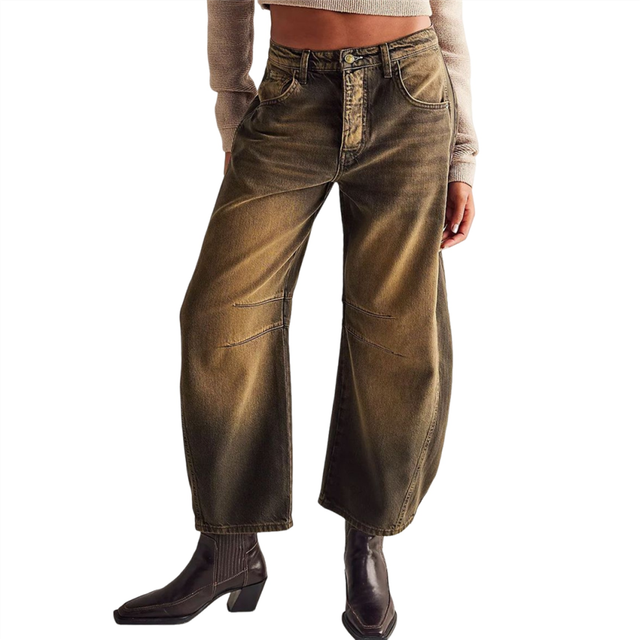 (M, Caramel Color) Women'S Vintage Low Waist Stretchy Boyfriend Wide Leg Jeans Butt Lifting Baggy Denim Pants Light Blue S