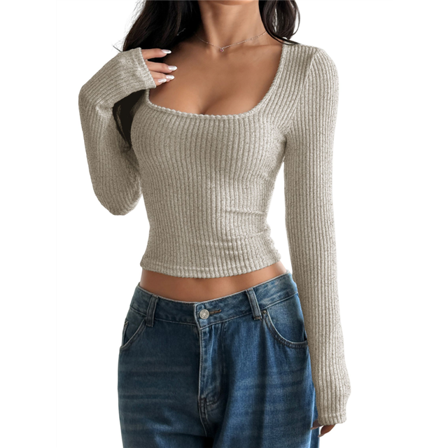 (L, Apricot) Womens Basic T Shirts Autumn Tops 2025 Long Sleeve Crop Slim Fit Gym Workout Y2k Clothes S