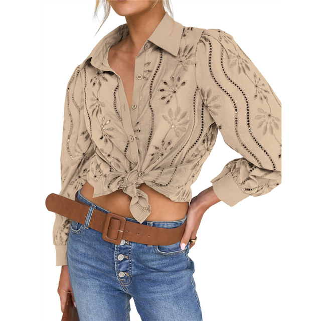 (L, Apricot) Womens Long Puff Sleeve Blouse V Neck Buttons Hollow Out Lace Embroidered Blouses Shirts S