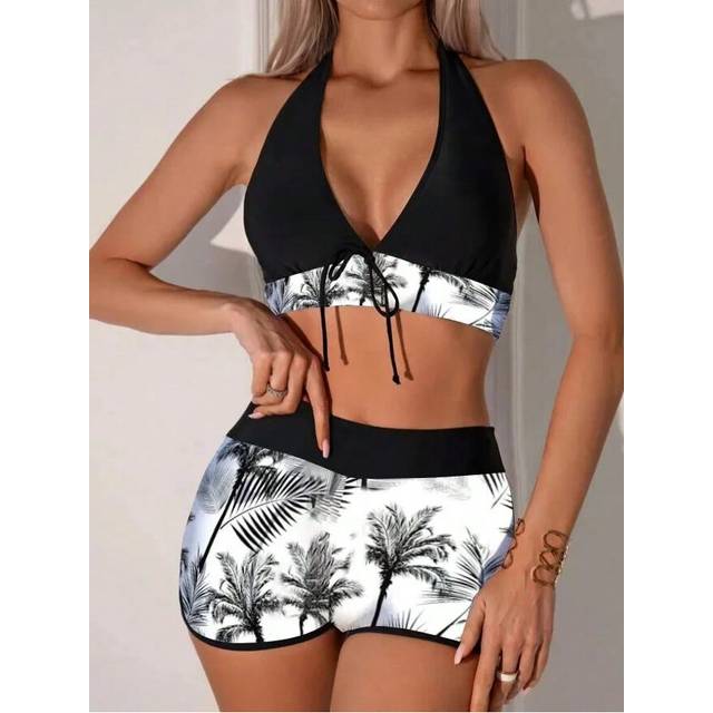 (Black and White, L) Conservative Print Bikini Set Hanging Neck Strapless Women's Swimsuit Flat Briefs Sexy Split Swimwear Female Summer Beachwear