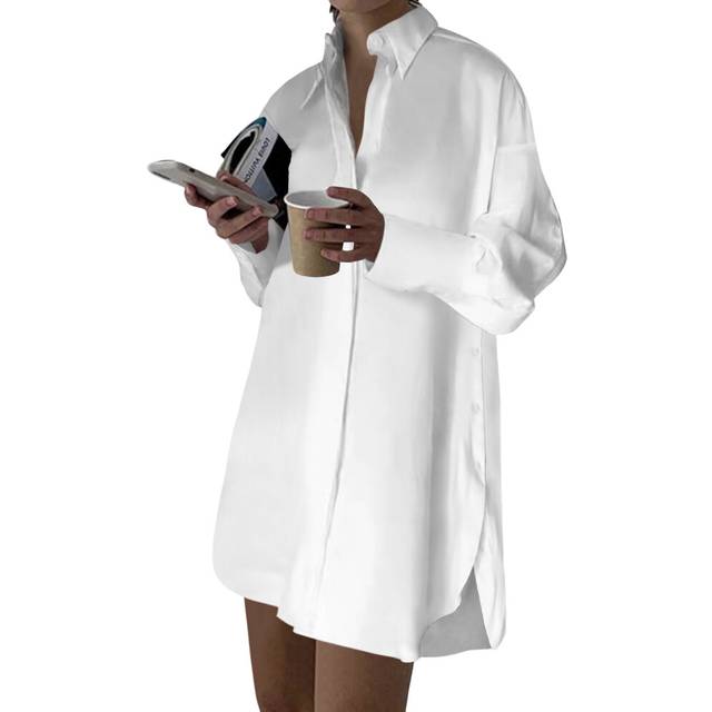 Women'S Casual Shirt Dress Collar V Neck Button Down Loose Long Sleeve Mini Dresses White XXXL