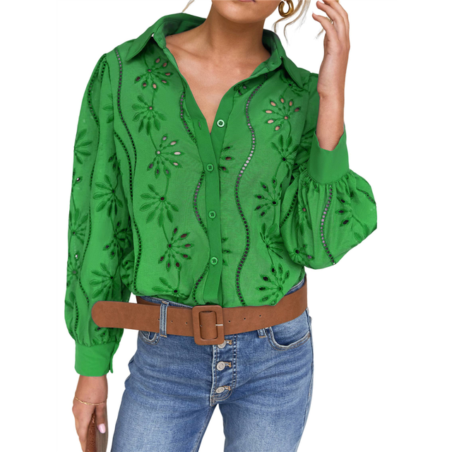 (XL, Green) Womens Long Puff Sleeve Blouse V Neck Buttons Hollow Out Lace Embroidered Blouses Shirts S