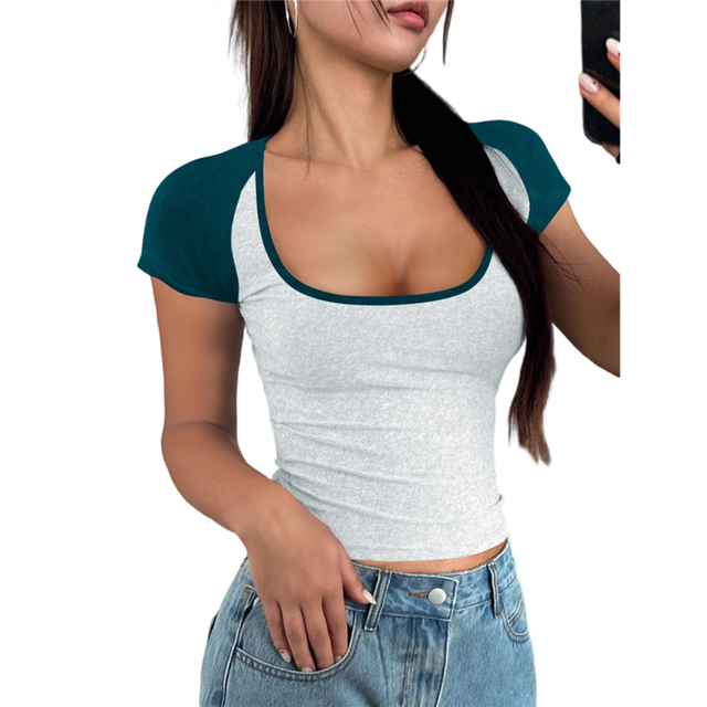 (L, Dark Green) 2025 Women'S Summer T-Shirts Scoop Neck Slim Fit Raglan Sleeve Color Block Trendy Going Out Tops Y2k Dark Green S