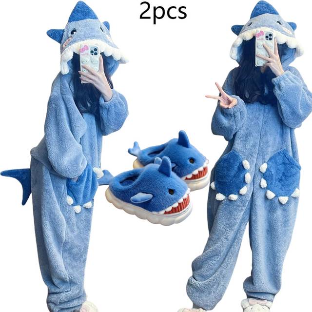 (Robe and Slipper, XL) Cartoon Cute Shark Women's Hooded Sleepwear Kigurumi Unicorn Winter Cosplay Pijama jumpsuit Female Christmas Party Loungewear
