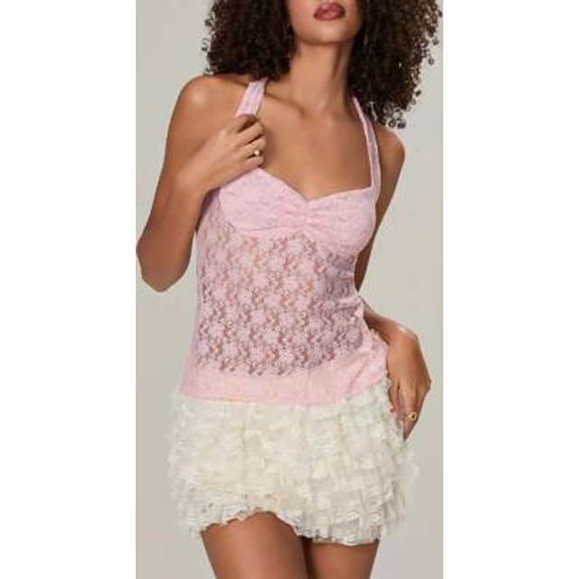 SHEIN Women&#39;s Y2K Lace Cami Tank Top Mesh See Through Strap Crop Camisole Backless Bustier Going Out Tops