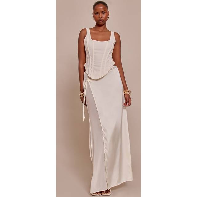Cream Satin Wrap Detail Chiffon Maxi Skirt, White - 8