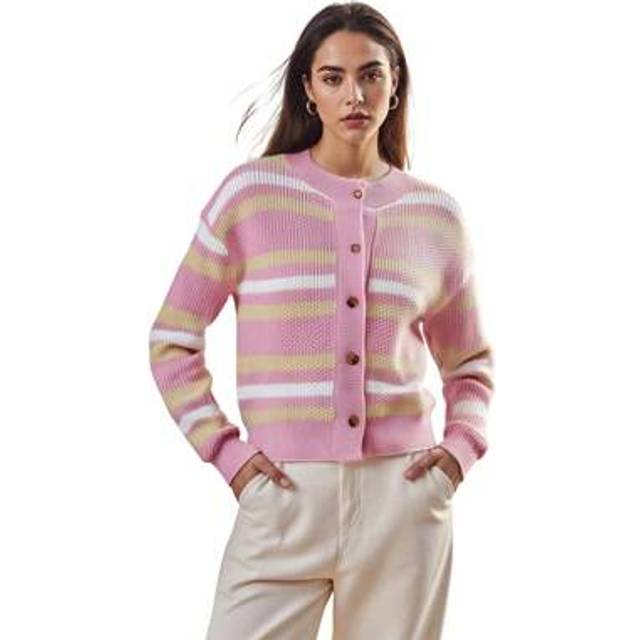 SHEIN Women Contrast Striped Crop Cardigan Crew Neck Long Sleeve Button-Up Knitted Sweater Casual Fall Clothes