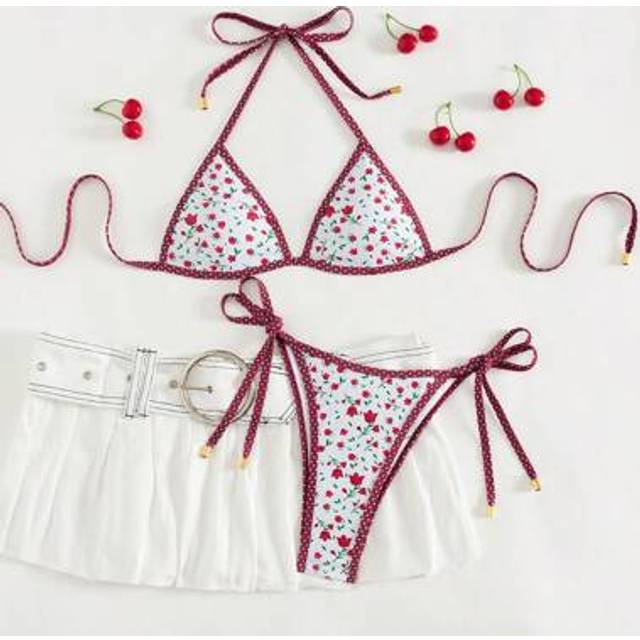 SHEIN 2pcs Women&#39;s Red & White Ditsy Floral Halter Triangle Bikini Set, Sweet Style