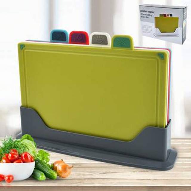SHEIN 4 Pack Colour Coded Chopping Board Set, PP Cutting Boards With Storage Stand, Portable Anti-Slip Kitchen Organiser For Meat/Fruit/Vegetable
