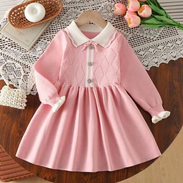 SHEIN 1pc Girls Toddler Floral Collar Contrast Color Ruffle Diamond Pattern Bow Faux Rhinestone Button Knit Dress, Sweet Cute Wide Skirt Princess Dress, Aut