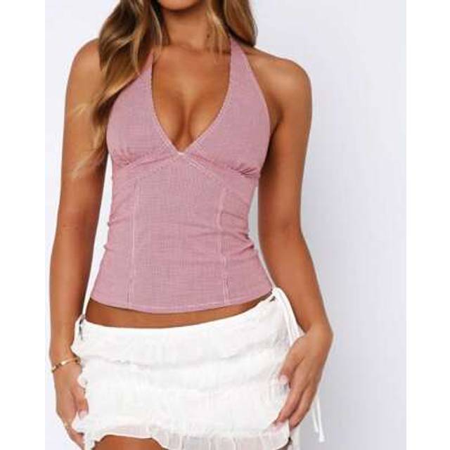 SHEIN Women Halter Deep V Neck Crop Tank Top Plaid Print Open Back Sleeveless Slim Fit Y2k Summer Tops