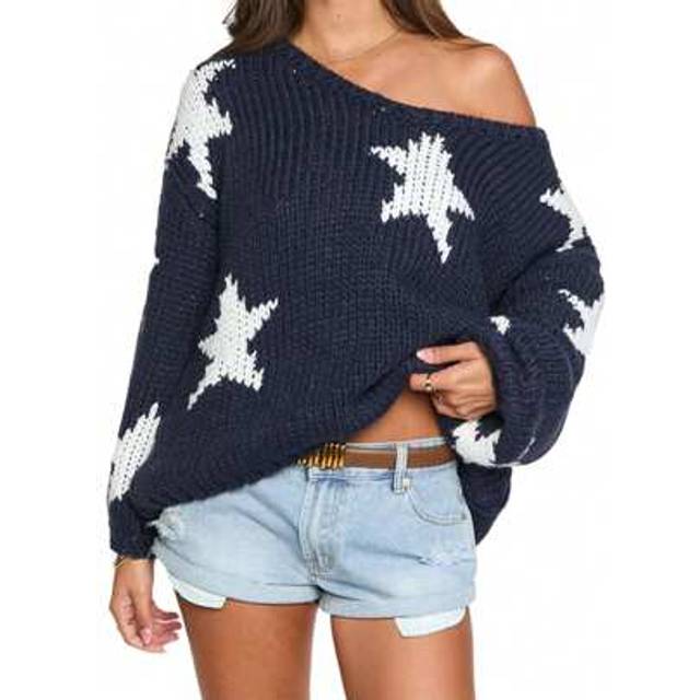 SHEIN Womens Off One Shoulder Sweater Loose Fit Casual Star Pattern Ribbed Long Sleeve Knit Tops For Winter