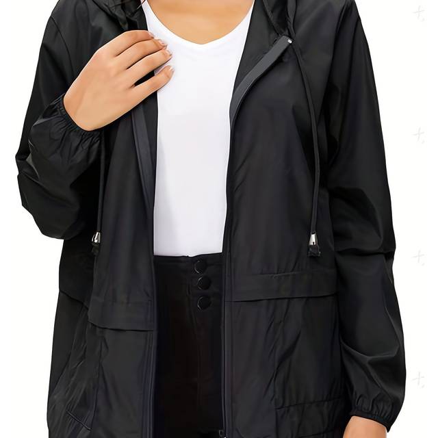 TEMU Plus Size Casual Trench Coat, Women's Plus Solid Long Sleeve Zip Up Hooded Drawstring Windbreaker Coat With Pockets