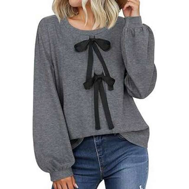 SHEIN Women&#39;s Long Puff Sleeve Round Neck Pullover Tops Loose Bow Decor Blouse Tops