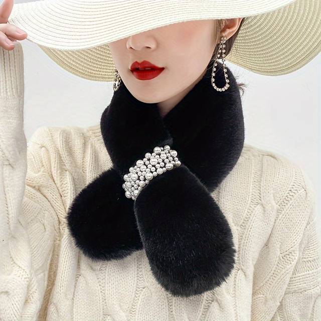TEMU Elegant Black Rabbit Fur Scarf With Embellishments - Warm Windproof Winter Neck Warmer For Women, Soft Plush Non-elastic Versatile Fashion Accessory, Cold , Sophisticated Style, , Stylish Women