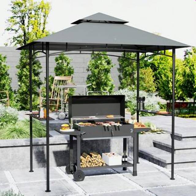 SHEIN Outsunny 2.4 X 1.5 M (8&#39; X 5&#39;) Grill Gazebo Canopy With LED Lights, Double Tiered Outdoor BBQ Gazebo Shelter With 2 Side Shelves, Storage Basket And H