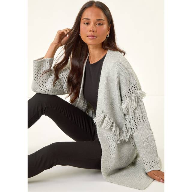 Roman Petite Tassel Knit Cardigan In Grey - 12