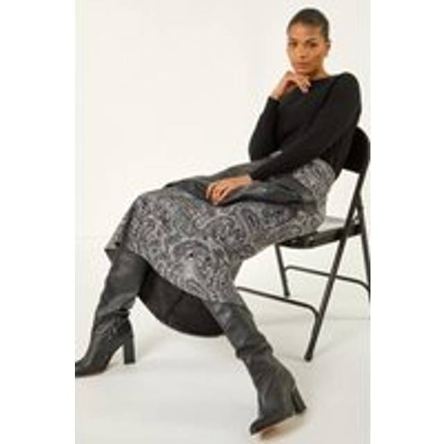 Roman Paisley Print Stretch Midi Skirt In Grey - 14