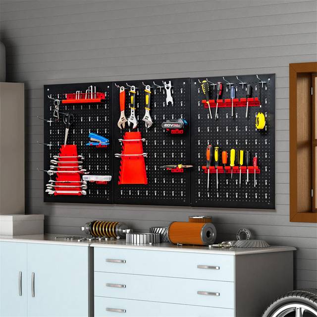 Tool Pegboard, 28Pcs Garage Wall Rack Drill Bit Storage Rack - Black;Red (60cm H X 120cm W X 2.5cm D)