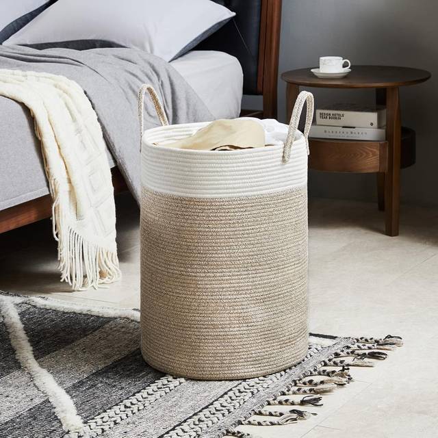 Cotton Rope Basket Large Blanket Basket Woven Storage Basket Toy Storage Organiser Nursery Decor Laundry Hamper With Handle 58L - Brown (19.68cm H X 14.96cm W X 14.96cm D)