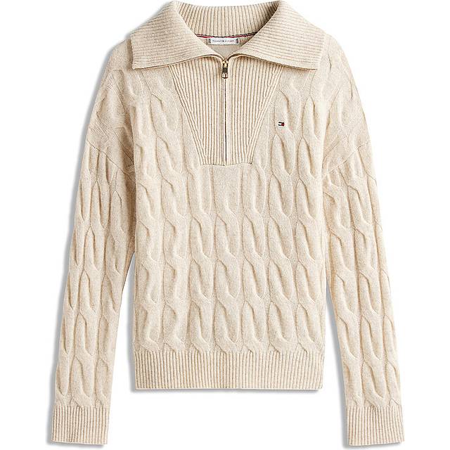 Soft Wool Flag Logo Cable Zip Sweater - Heather Oatmilk - Preppy and All-American style is at the centre of Tommy Hilfiger's design philosophy and it shows with its collection of everyday staples. The label never misses an opportunity to focus on creating comfortable clothing with its iconic branding like the flag motif and unmistakable logo lettering.