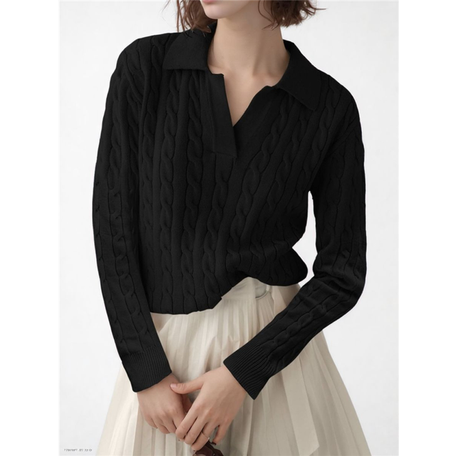(L, Black) Womens Long Sleeve Sweater Tops Lapel V Neck Loose Shirts 2025 Autumn Cable Knit Business Casual Outfits White S