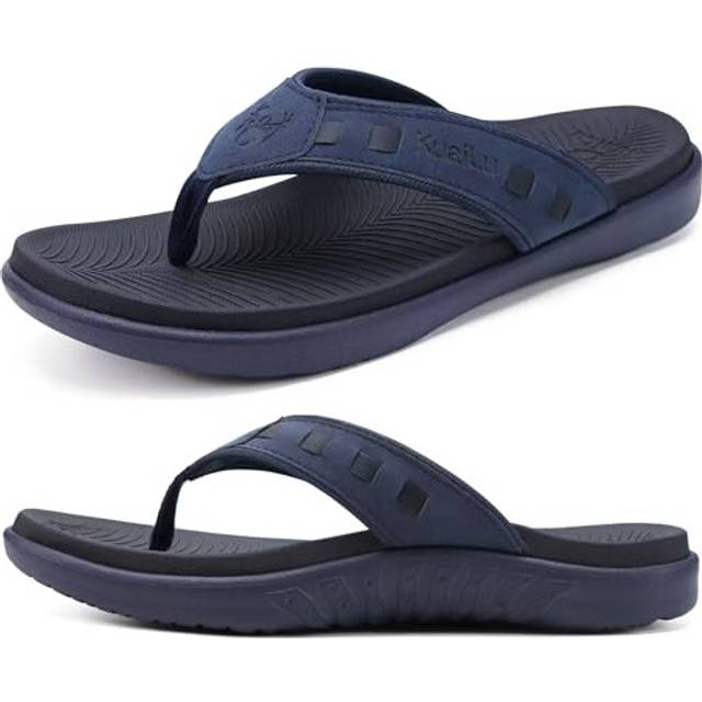 KuaiLu Mens Leather Sport Flip Flops Comfort Orthotic Thong Sandals with Plantar Fasciitis Arch Support for Outdoor Summer