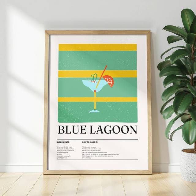 Blue Lagoon Cocktail Recipe Wall Art, Drink Poster, Bar Cart Decor, Kitchen Art Print, Unframed Matte Vertical Poster, Summer Vibes (76.2cm H x 55.88cm W)