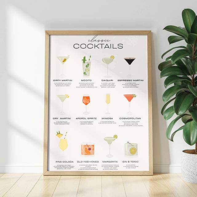 Classic Cocktail Recipes Wall Art, Bar Cart Decor, Cocktail Poster, Drink Guide, Home Bar Print, Unframed Matte Vertical Poster (45.72 cm H x 30.48 cm W)