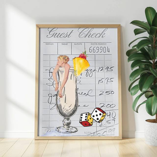 Retro Cocktail Lady Wall Art, Funny Guest Check Poster, Pina Colada Drink Print, Dice Game Decor, Unframed Matte Vertical Poster, Available (137.16 cm H x 91.44 cm W)