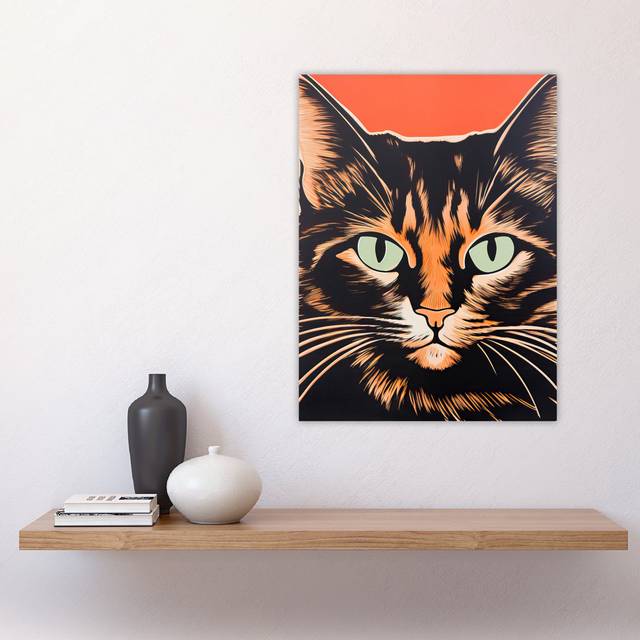 Wall Art Print Tortoiseshell Cat Screen Artwork Spot Block Colour Duotone Retro Riso Interior Design Poster - Multicoloured (61cm H X 45.1cm W)